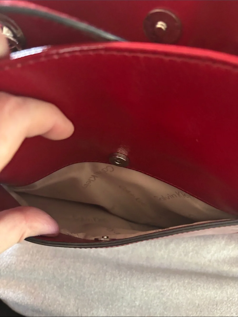 Calvin Klein Red Leather Tote Bag with Chain Handles - Unknown Brand